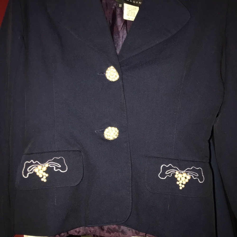 couture Navy blazer with pearl accents.